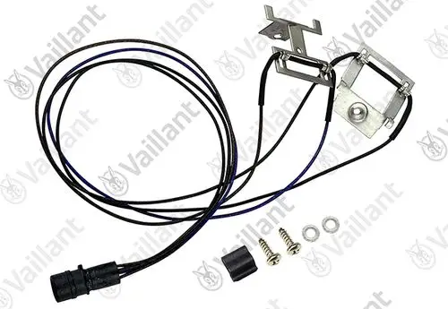 Vaillant Abgassensor mit Anschlusskabel, Halterung und Montageschrauben. Teile sind klar strukturiert und für die Installationsanwendung konzipiert.